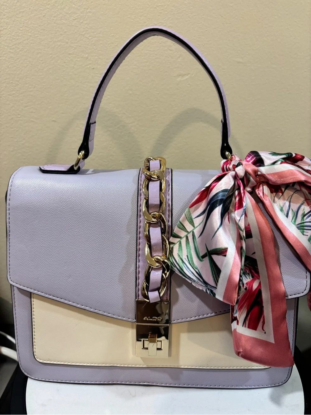 Aldo Lavender and Cream Top Handle Satchel with Floral Scarf